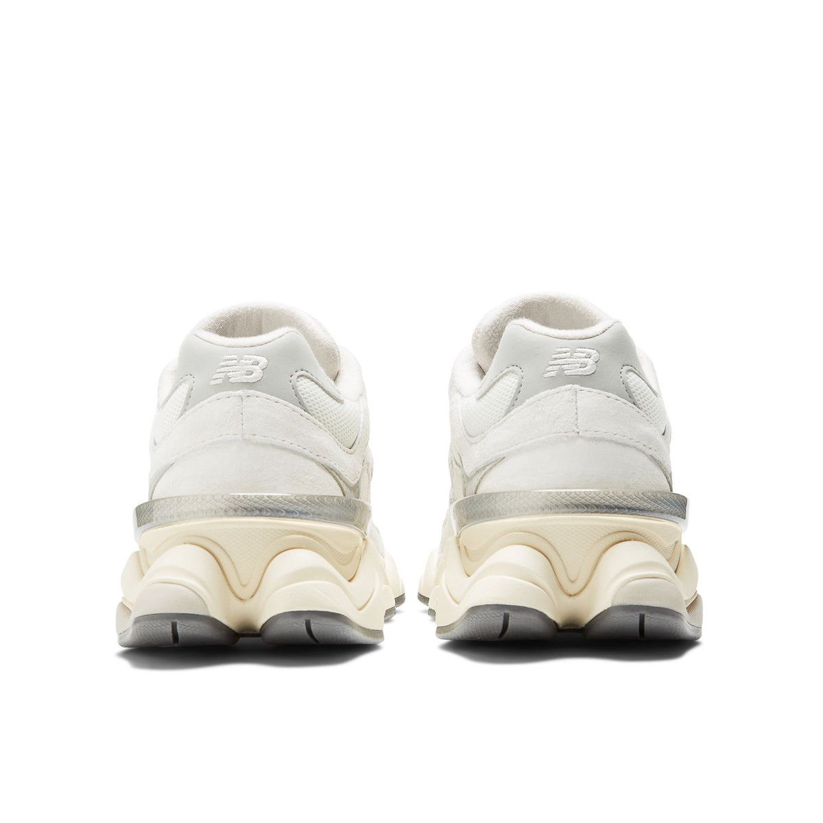 New Balance 9060 unisex sneakers, heel view with cushioned collars and beige outsole