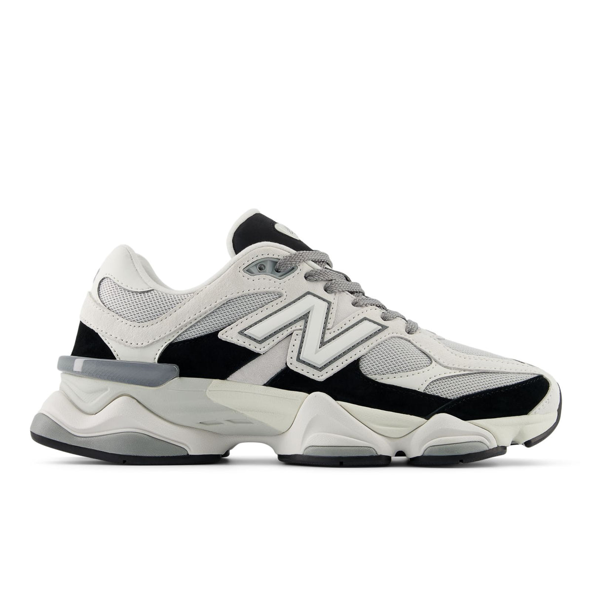 Unisex running shoes in white/black with gray laces and chunky cushioned sole
