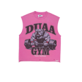 Men's pink cutoff gym tank top with front gorilla and DUAA GYM graphic