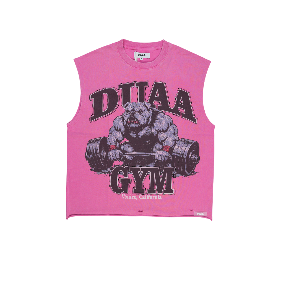 Men's pink cutoff gym tank top with front gorilla and DUAA GYM graphic