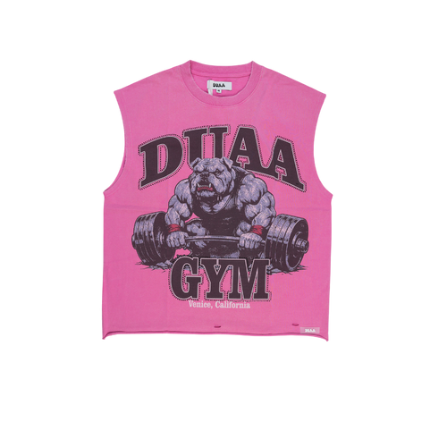 Men's pink cutoff gym tank top with front gorilla and DUAA GYM graphic