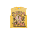 Men's yellow sleeveless graphic tank top with front skull-style artwork