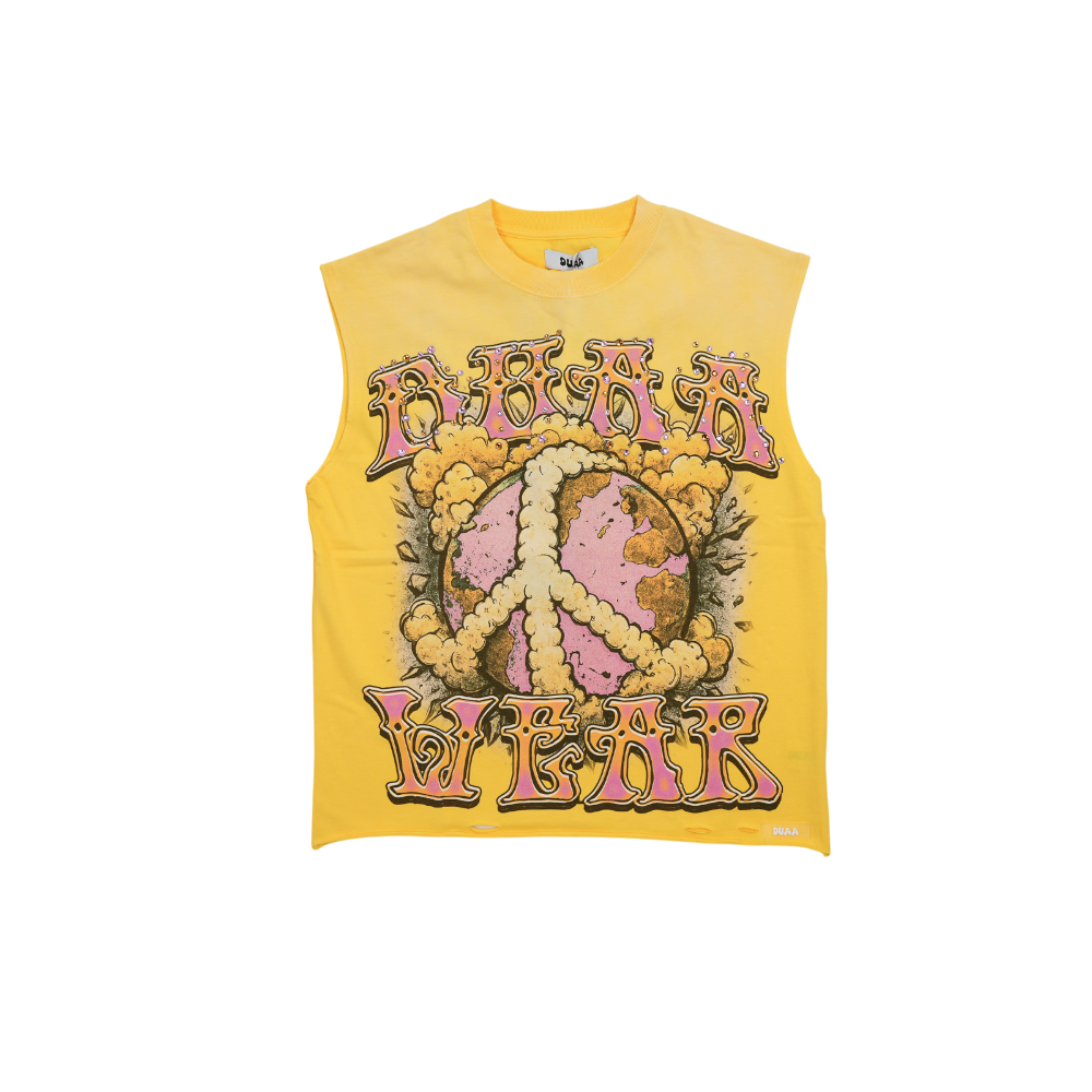 Men's yellow sleeveless graphic tank top with front skull-style artwork