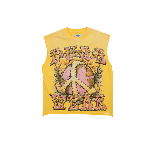 Men's yellow sleeveless graphic tank top with front skull-style artwork